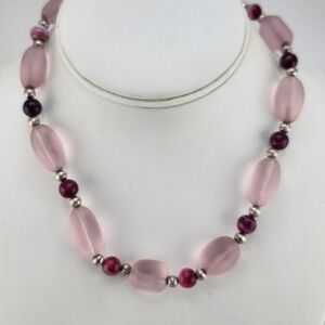 Pink‎ Frosted Glass & Agate Beaded Necklace Statement Jewelry Fashion